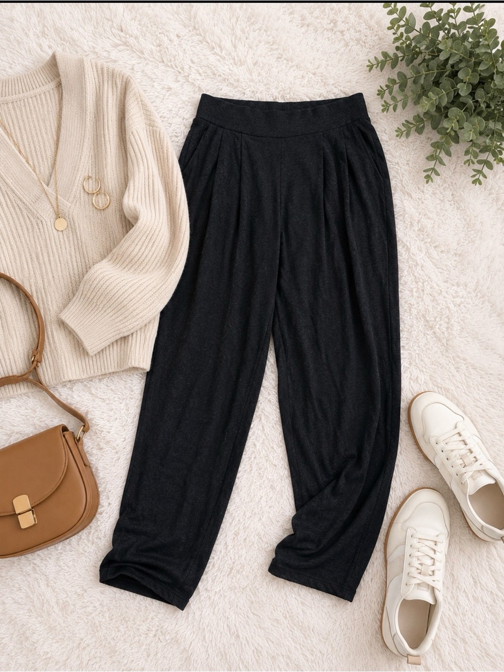 Pleated Front Knit Pants Comfortable Everyday Style